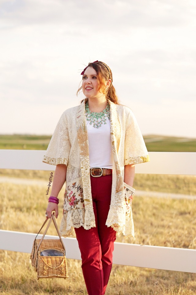 Winnipeg Style, Canadian Fashion blog, stylist, April Cornell Water Garden coverup jacket floral crochet lace, country chic, patch pockets cream tea stain cardigan, Reitmans iconic wine burgundy pants, Kate Spade 3D wicker straw car novelty bag purse, BCBG Maxazria green waterfall crystal necklace, Fluevog Minstel Aria pink magenta shoe